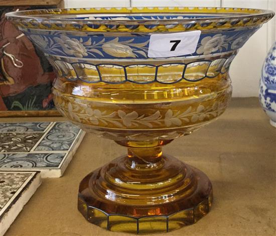 Amber & blue cut glass pedestal bowl